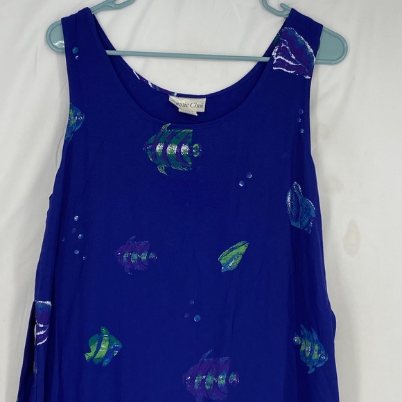 Connie Choi Womens Medium Sleeveless Maxi Dress Blue Fish Seashell Print Vintage - Picture 2 of 11